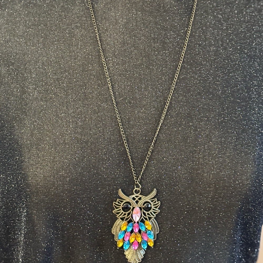 VINTAGE Large Bronze Owl Pendant Necklace with Colorful Rhinestones